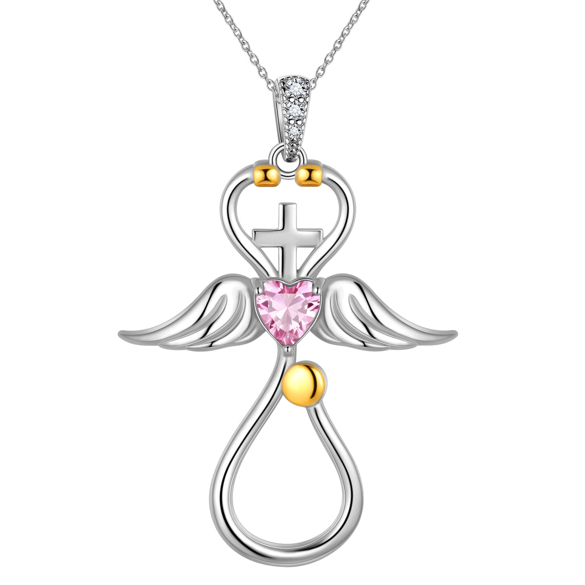 Beautlace Collier d'infirmière en or 18 carats sur argent sterling 925 avec croix d'aile d'ange et stéthoscope avec cœur et pierre de naissance, bijoux médicaux, cadeau pour médecin, infirmière, diplôme d'étudiant en médecine