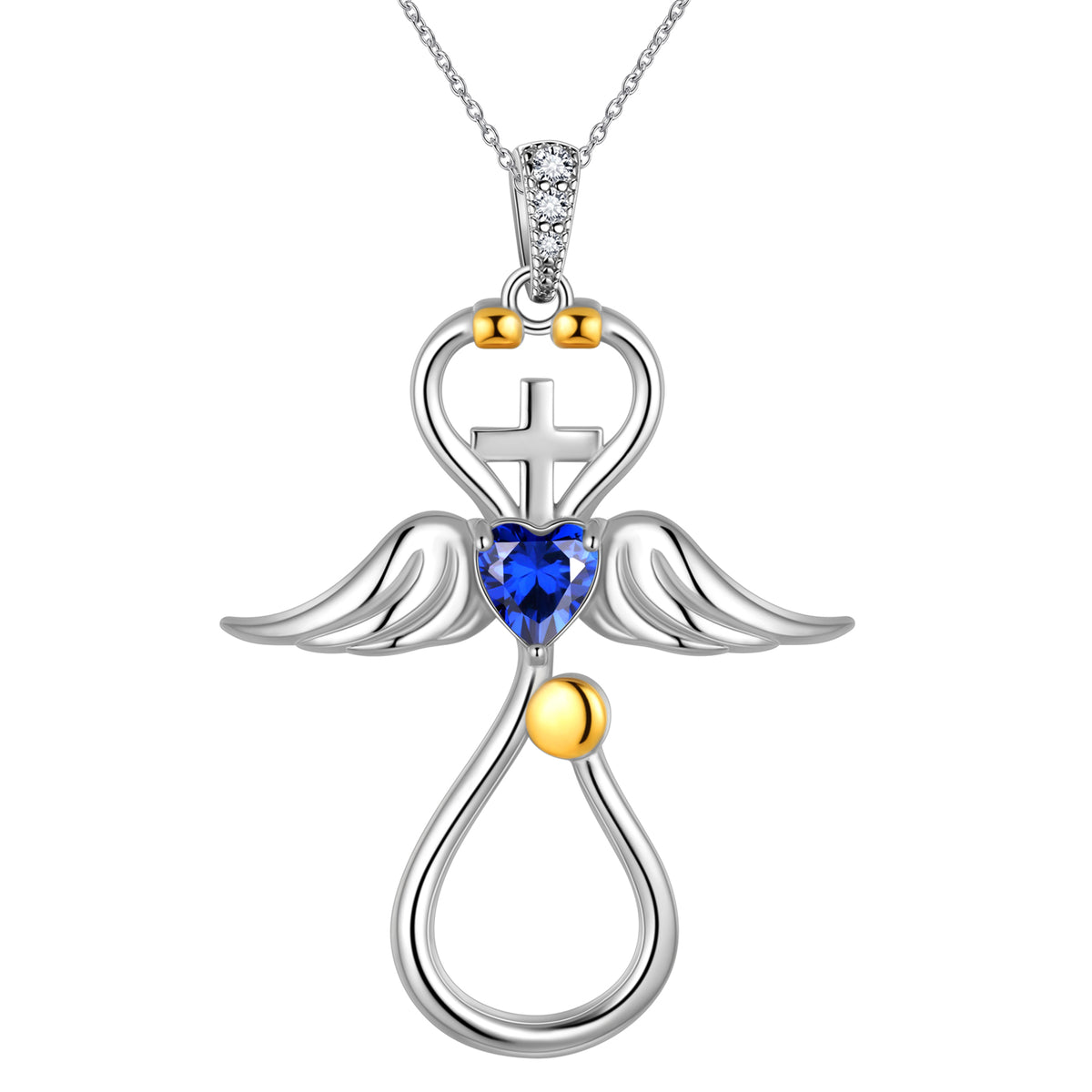 Beautlace Collier d'infirmière en or 18 carats sur argent sterling 925 avec croix d'aile d'ange et stéthoscope avec cœur et pierre de naissance, bijoux médicaux, cadeau pour médecin, infirmière, diplôme d'étudiant en médecine