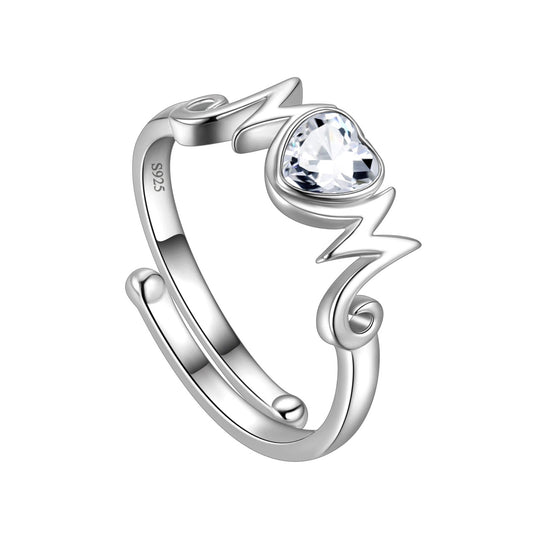Beautlace 18k White Gold over 925 Sterling Silver Heart Mom Mother Rings,Cubic Zirconi Birthstone Adjustable Ring for Mum's Gift Grandma's Gift