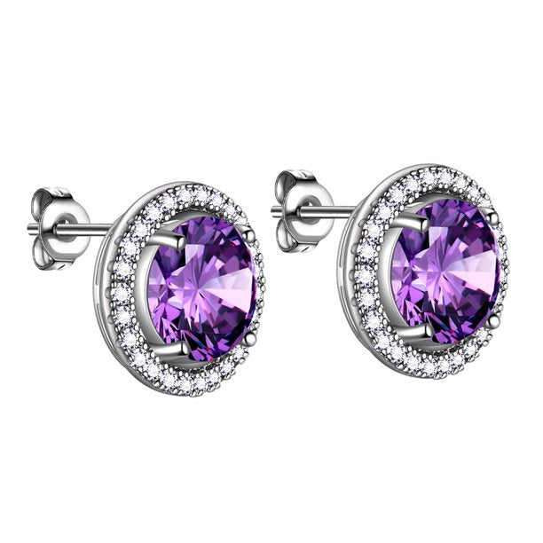 Beautlace Boucles d'oreilles à tige avec pierre de naissance plaquée argent, boucles d'oreilles rondes avec pierre de naissance, bijoux de mariée, cadeaux d'anniversaire pour filles et femmes 