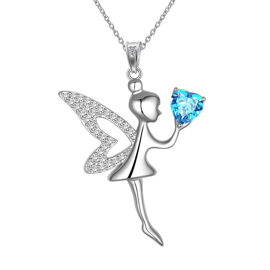 Beautlace Collier avec pendentif fée avec cœur en cristal bleu en argent sterling 925, bijoux cadeaux pour adolescentes, enfants, filles, sœurs