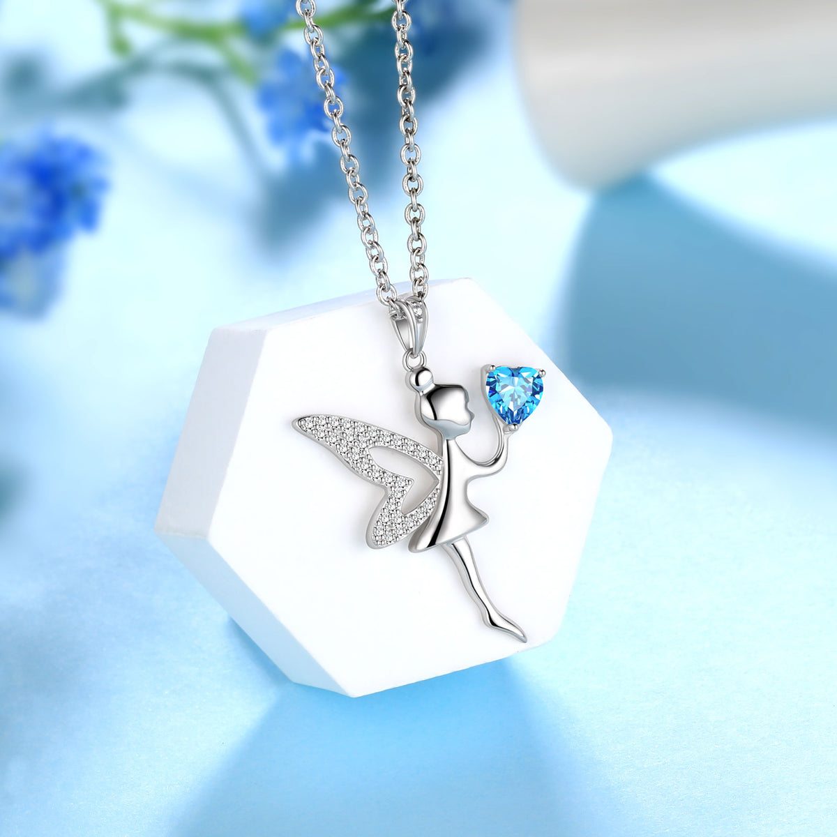 Beautlace Fairy with Heart Blue Crystal Pendant Necklace ,925 Sterling Silver Fairy Necklace Jewelry Gifts for Teens Kids Daughter Sister
