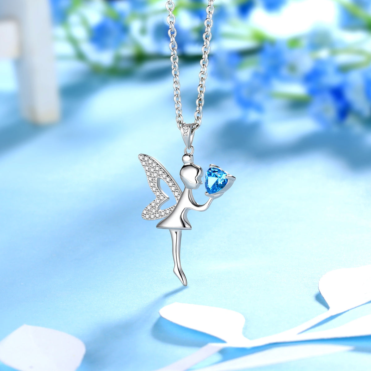 Beautlace Fairy with Heart Blue Crystal Pendant Necklace ,925 Sterling Silver Fairy Necklace Jewelry Gifts for Teens Kids Daughter Sister