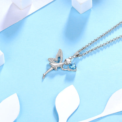 Beautlace Fairy with Heart Blue Crystal Pendant Necklace ,925 Sterling Silver Fairy Necklace Jewelry Gifts for Teens Kids Daughter Sister