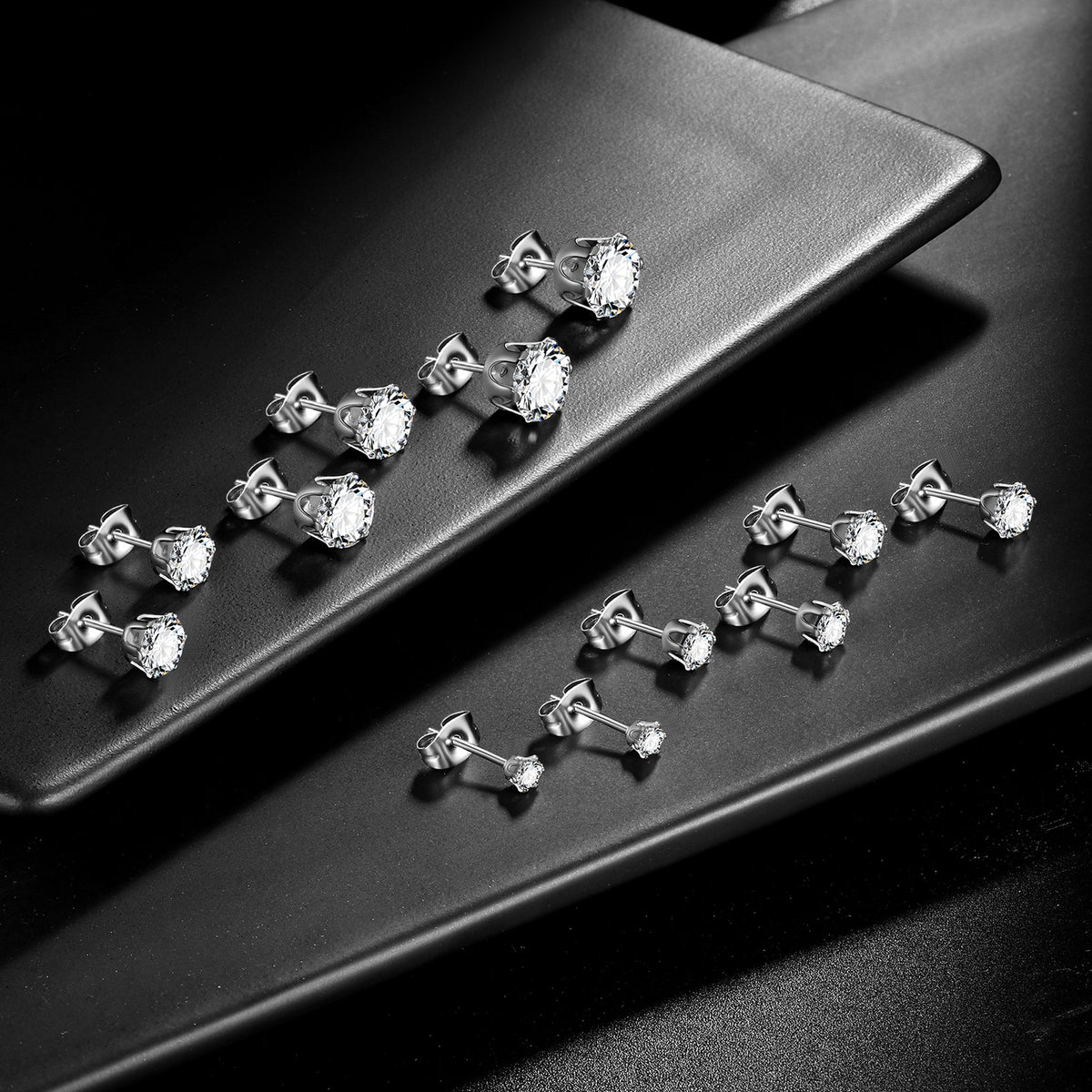 Beautlace 3-8 Mm Stainless Steel White Zircon Earrings,6 Pair Studs Round 316L Stud Earrings For Women