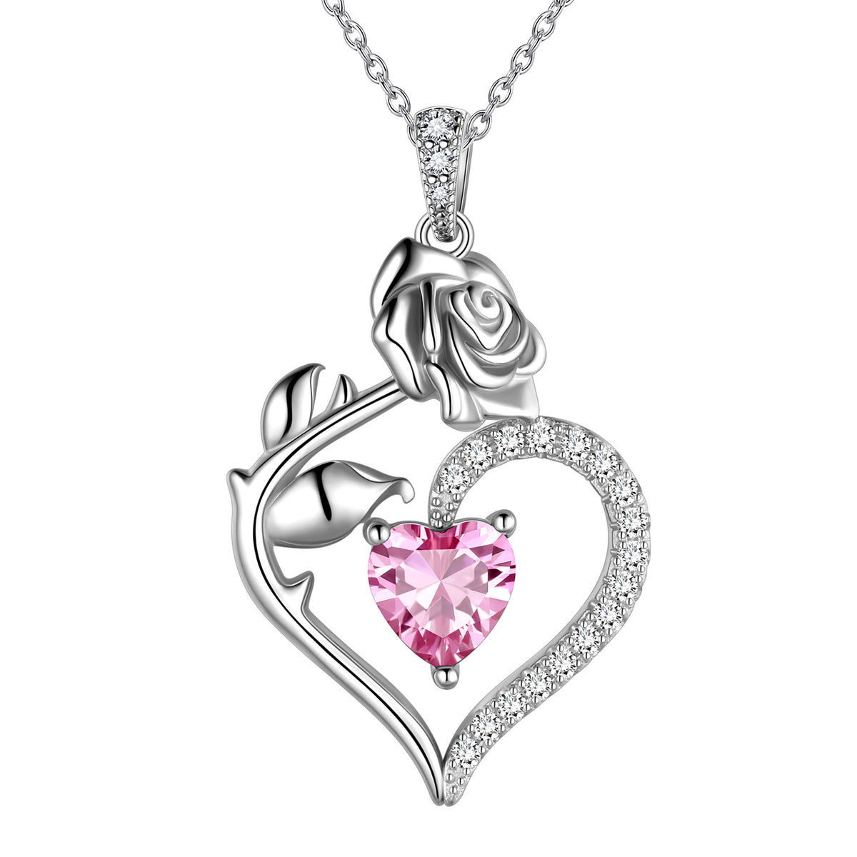 Beautlace Collier avec pierre de naissance en argent sterling 925 pour femme, pendentif en forme de cœur et de fleur de rose, bijoux fins, cadeaux d'anniversaire, de Noël pour femmes et filles