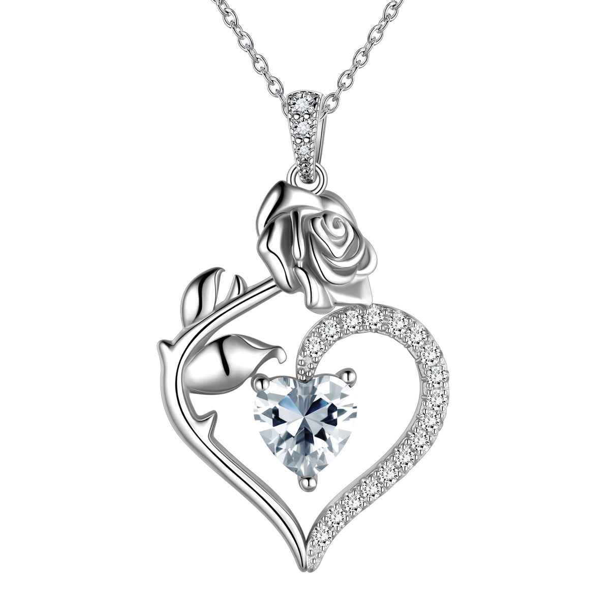 Beautlace Collier avec pierre de naissance en argent sterling 925 pour femme, pendentif en forme de cœur et de fleur de rose, bijoux fins, cadeaux d'anniversaire, de Noël pour femmes et filles
