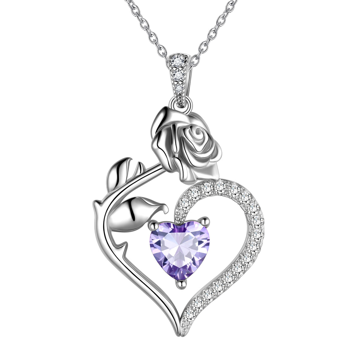 Beautlace Collier avec pierre de naissance en argent sterling 925 pour femme, pendentif en forme de cœur et de fleur de rose, bijoux fins, cadeaux d'anniversaire, de Noël pour femmes et filles