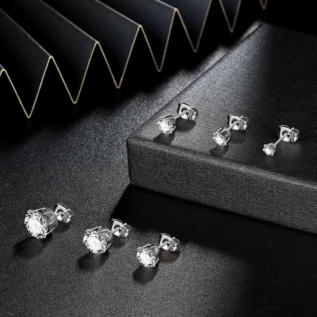 Beautlace 3-8 Mm Stainless Steel White Zircon Earrings,6 Pair Studs Round 316L Stud Earrings For Women