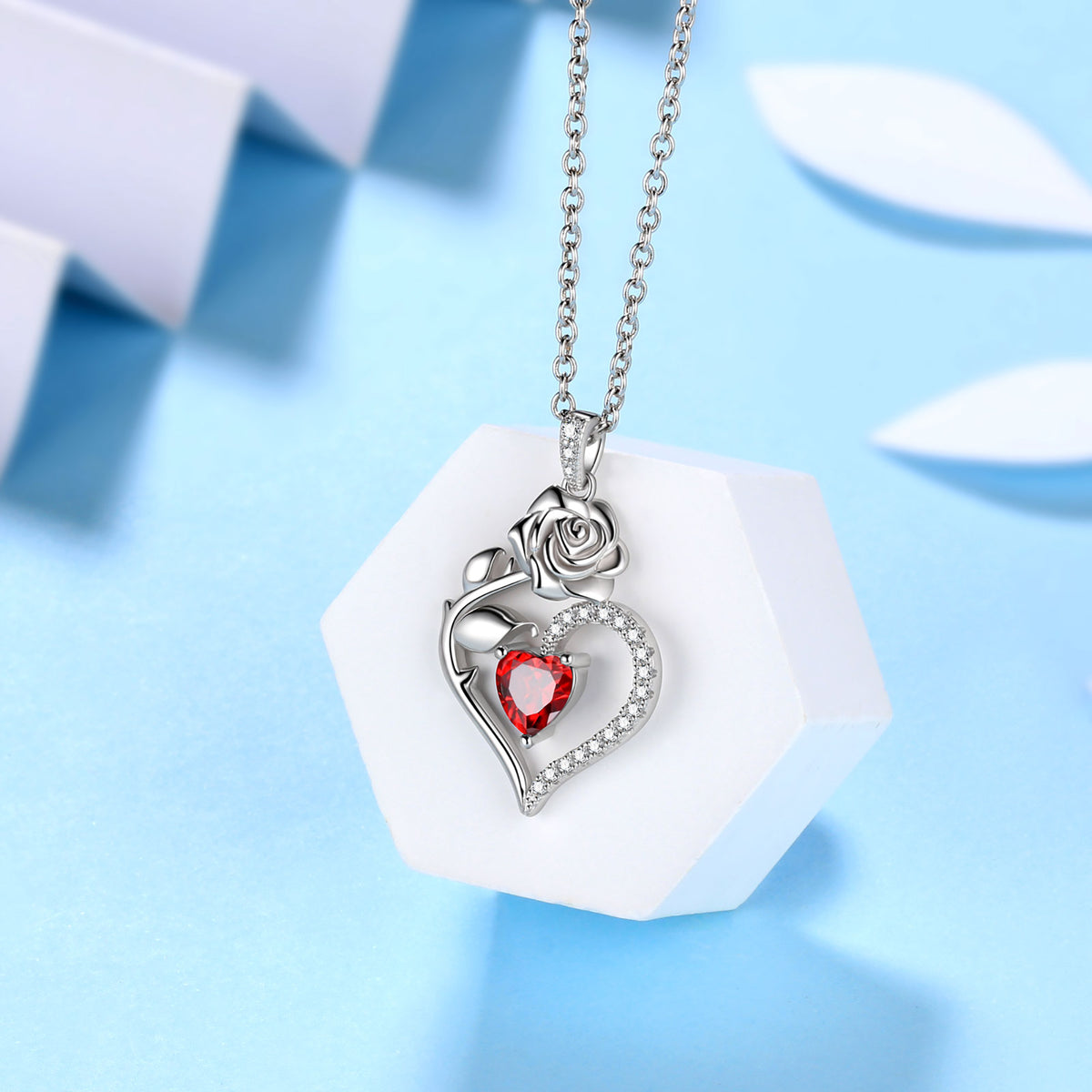 Beautlace Collier avec pierre de naissance en argent sterling 925 pour femme, pendentif en forme de cœur et de fleur de rose, bijoux fins, cadeaux d'anniversaire, de Noël pour femmes et filles