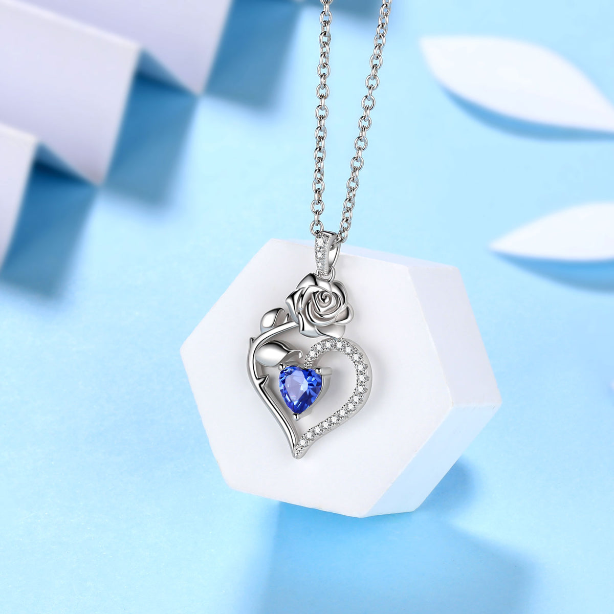 Beautlace Collier avec pierre de naissance en argent sterling 925 pour femme, pendentif en forme de cœur et de fleur de rose, bijoux fins, cadeaux d'anniversaire, de Noël pour femmes et filles