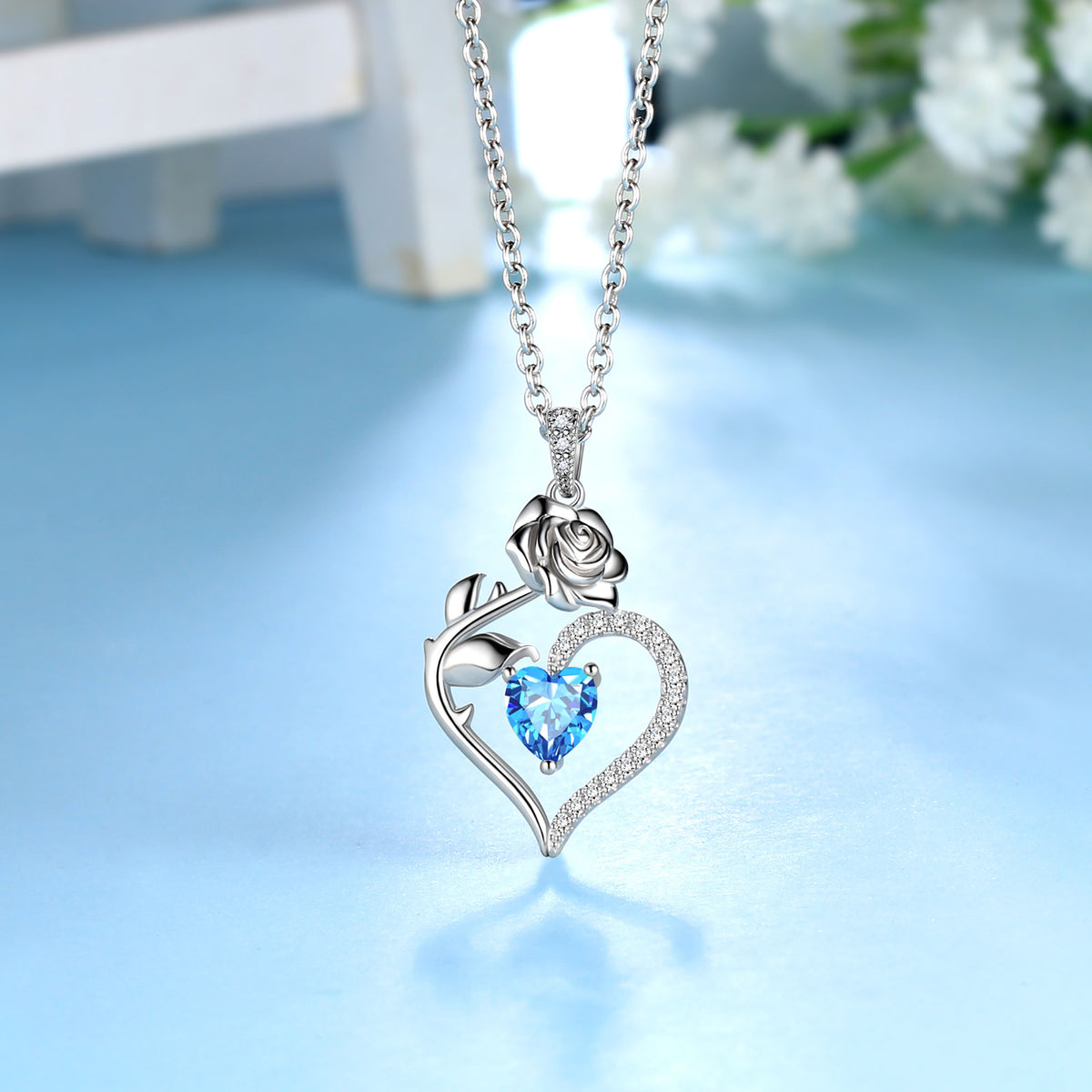 Beautlace Collier avec pierre de naissance en argent sterling 925 pour femme, pendentif en forme de cœur et de fleur de rose, bijoux fins, cadeaux d'anniversaire, de Noël pour femmes et filles