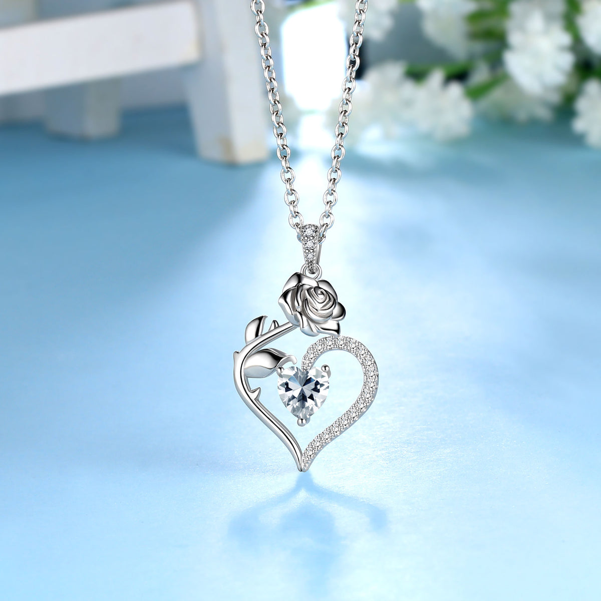 Beautlace Collier avec pierre de naissance en argent sterling 925 pour femme, pendentif en forme de cœur et de fleur de rose, bijoux fins, cadeaux d'anniversaire, de Noël pour femmes et filles