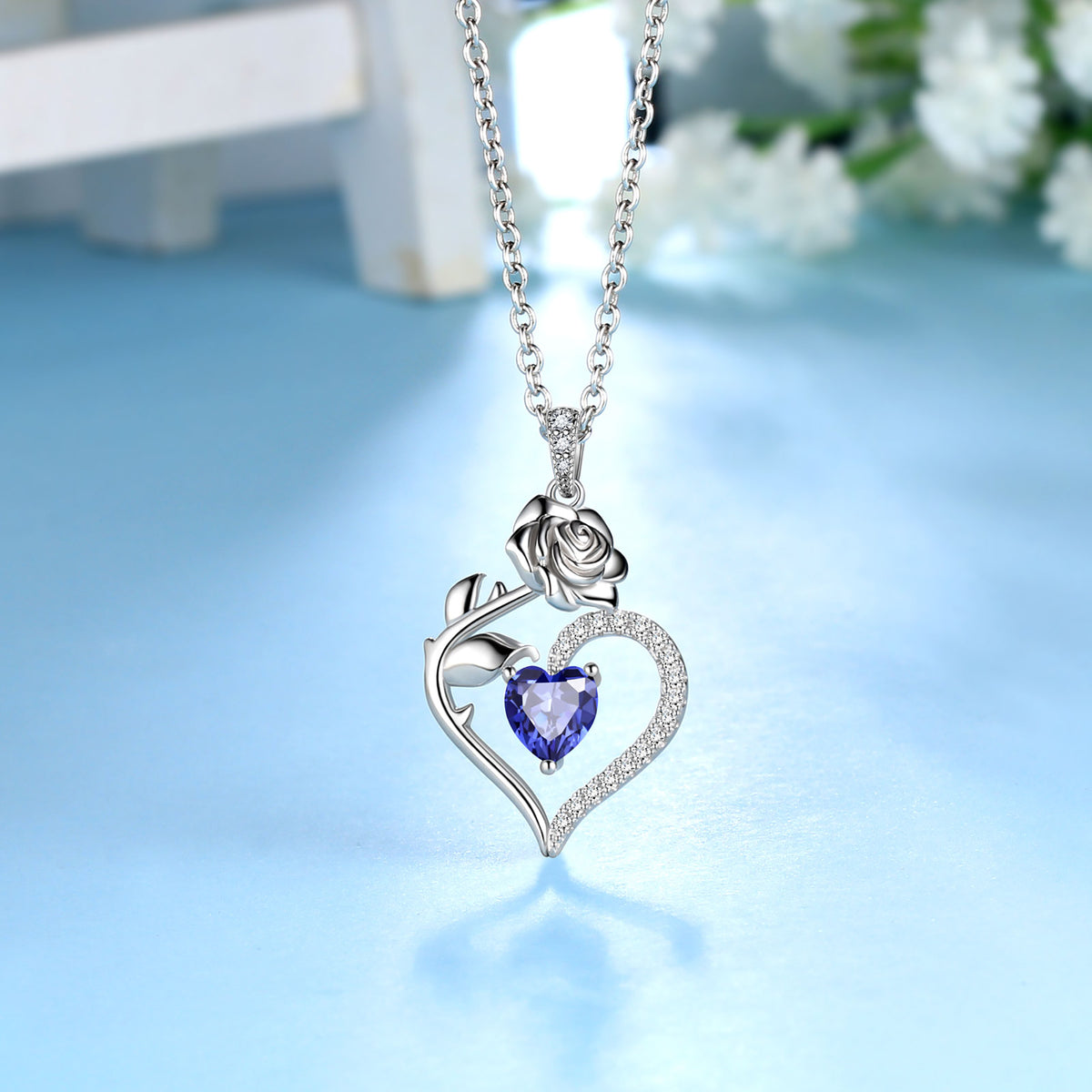 Beautlace Collier avec pierre de naissance en argent sterling 925 pour femme, pendentif en forme de cœur et de fleur de rose, bijoux fins, cadeaux d'anniversaire, de Noël pour femmes et filles