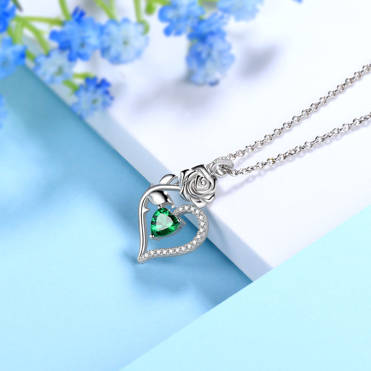 Beautlace Collier avec pierre de naissance en argent sterling 925 pour femme, pendentif en forme de cœur et de fleur de rose, bijoux fins, cadeaux d'anniversaire, de Noël pour femmes et filles