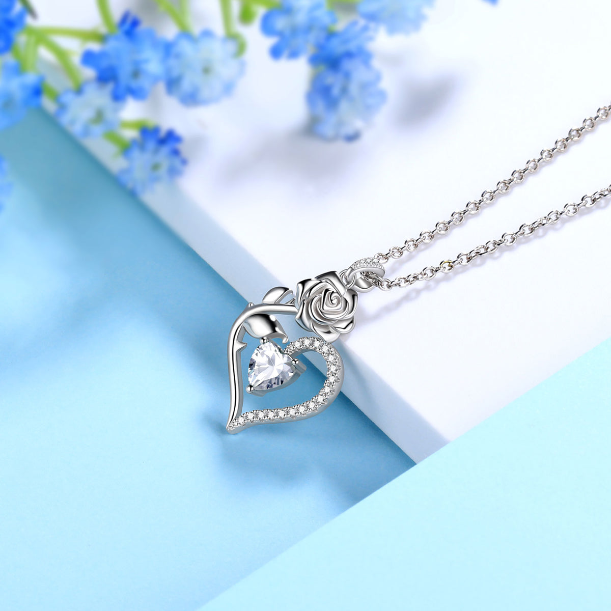 Beautlace Collier avec pierre de naissance en argent sterling 925 pour femme, pendentif en forme de cœur et de fleur de rose, bijoux fins, cadeaux d'anniversaire, de Noël pour femmes et filles