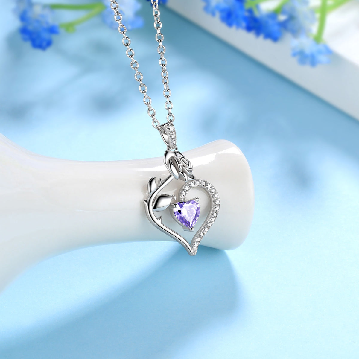 Beautlace Collier avec pierre de naissance en argent sterling 925 pour femme, pendentif en forme de cœur et de fleur de rose, bijoux fins, cadeaux d'anniversaire, de Noël pour femmes et filles