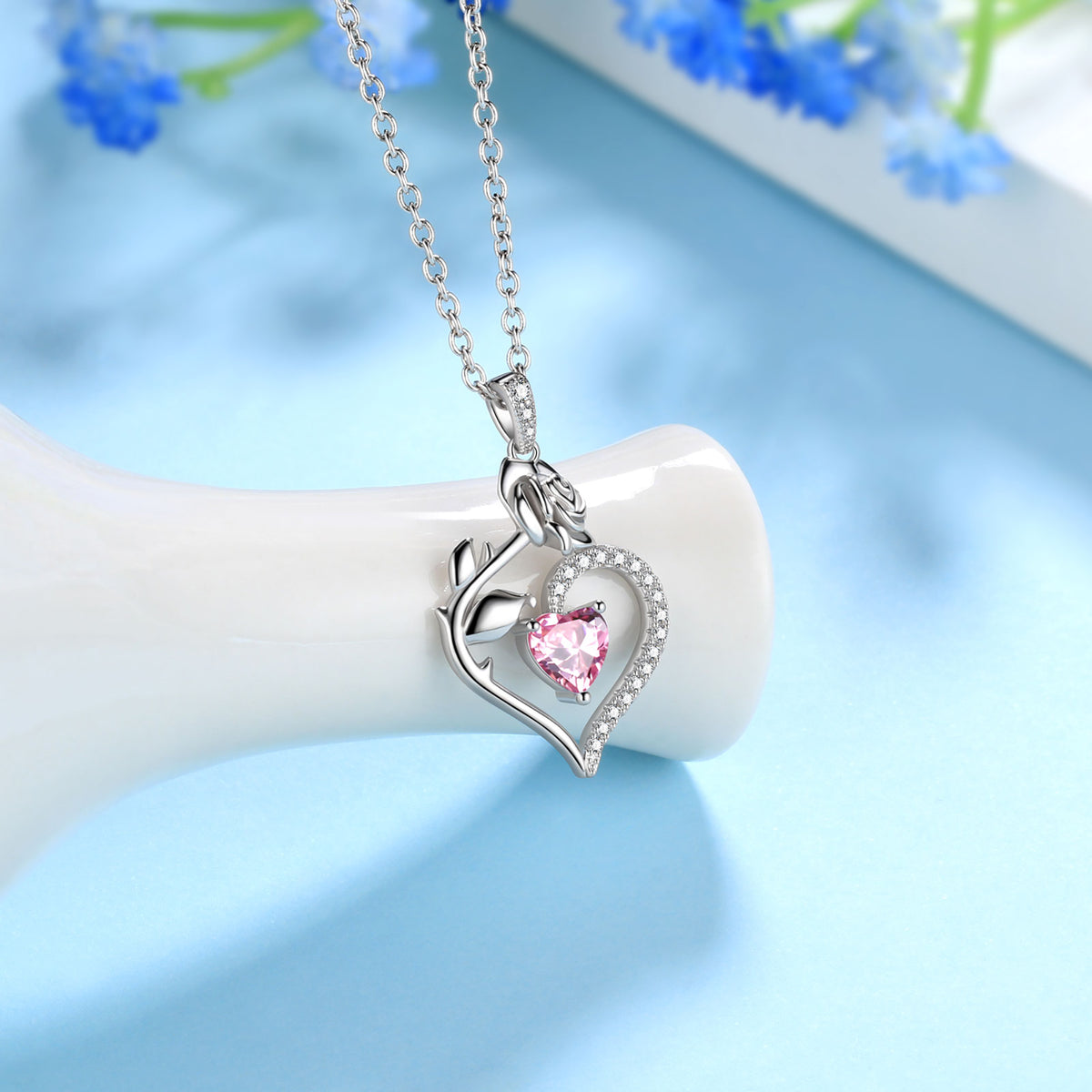 Beautlace Collier avec pierre de naissance en argent sterling 925 pour femme, pendentif en forme de cœur et de fleur de rose, bijoux fins, cadeaux d'anniversaire, de Noël pour femmes et filles