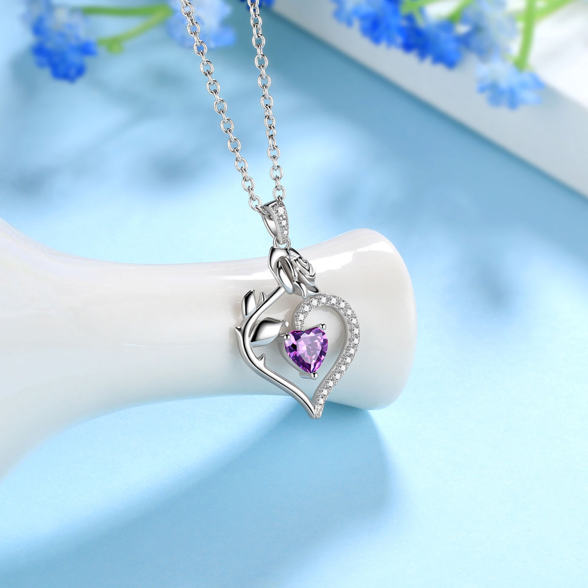 Beautlace Collier avec pierre de naissance en argent sterling 925 pour femme, pendentif en forme de cœur et de fleur de rose, bijoux fins, cadeaux d'anniversaire, de Noël pour femmes et filles