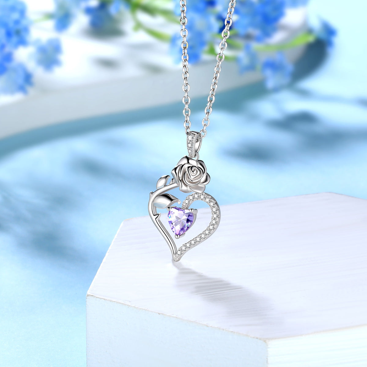 Beautlace Collier avec pierre de naissance en argent sterling 925 pour femme, pendentif en forme de cœur et de fleur de rose, bijoux fins, cadeaux d'anniversaire, de Noël pour femmes et filles