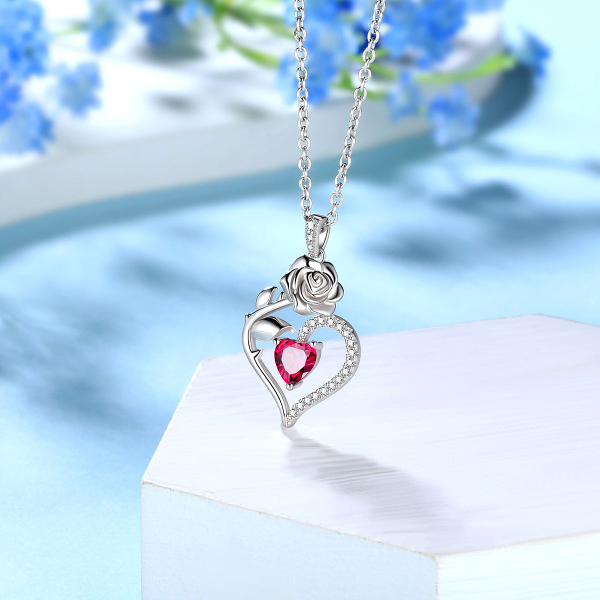 Beautlace Collier avec pierre de naissance en argent sterling 925 pour femme, pendentif en forme de cœur et de fleur de rose, bijoux fins, cadeaux d'anniversaire, de Noël pour femmes et filles