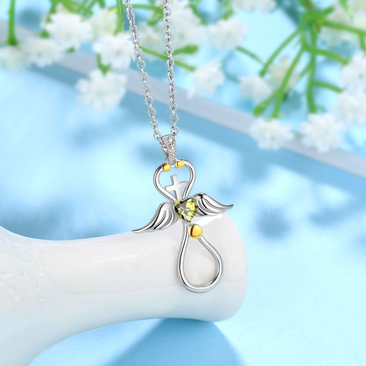 Beautlace Collier d'infirmière en or 18 carats sur argent sterling 925 avec croix d'aile d'ange et stéthoscope avec cœur et pierre de naissance, bijoux médicaux, cadeau pour médecin, infirmière, diplôme d'étudiant en médecine