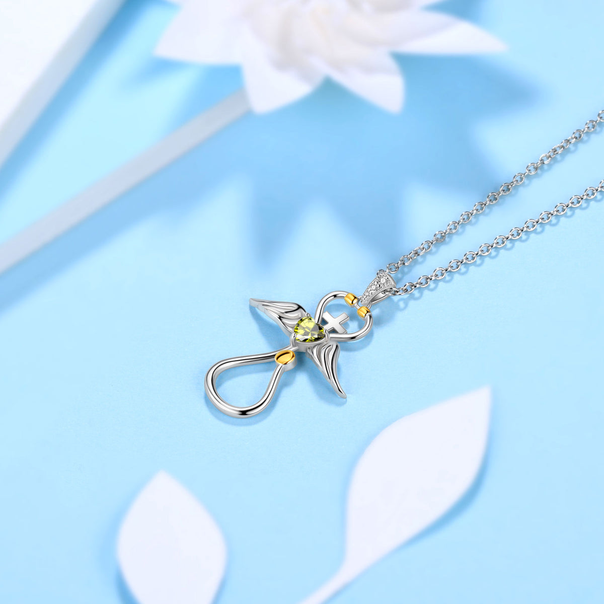 Beautlace Collier d'infirmière en or 18 carats sur argent sterling 925 avec croix d'aile d'ange et stéthoscope avec cœur et pierre de naissance, bijoux médicaux, cadeau pour médecin, infirmière, diplôme d'étudiant en médecine