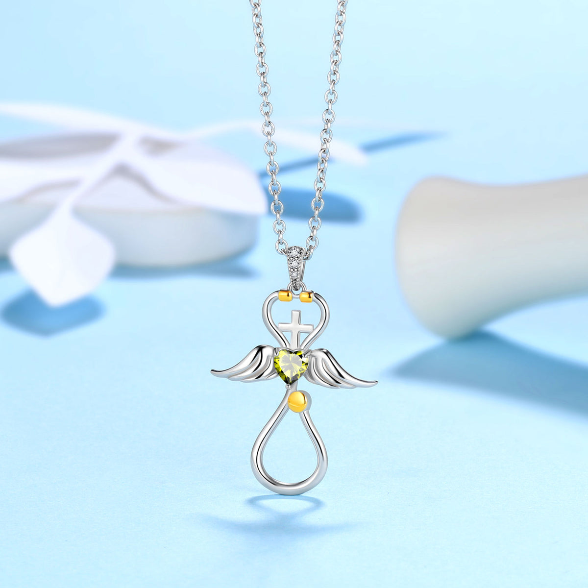 Beautlace Collier d'infirmière en or 18 carats sur argent sterling 925 avec croix d'aile d'ange et stéthoscope avec cœur et pierre de naissance, bijoux médicaux, cadeau pour médecin, infirmière, diplôme d'étudiant en médecine