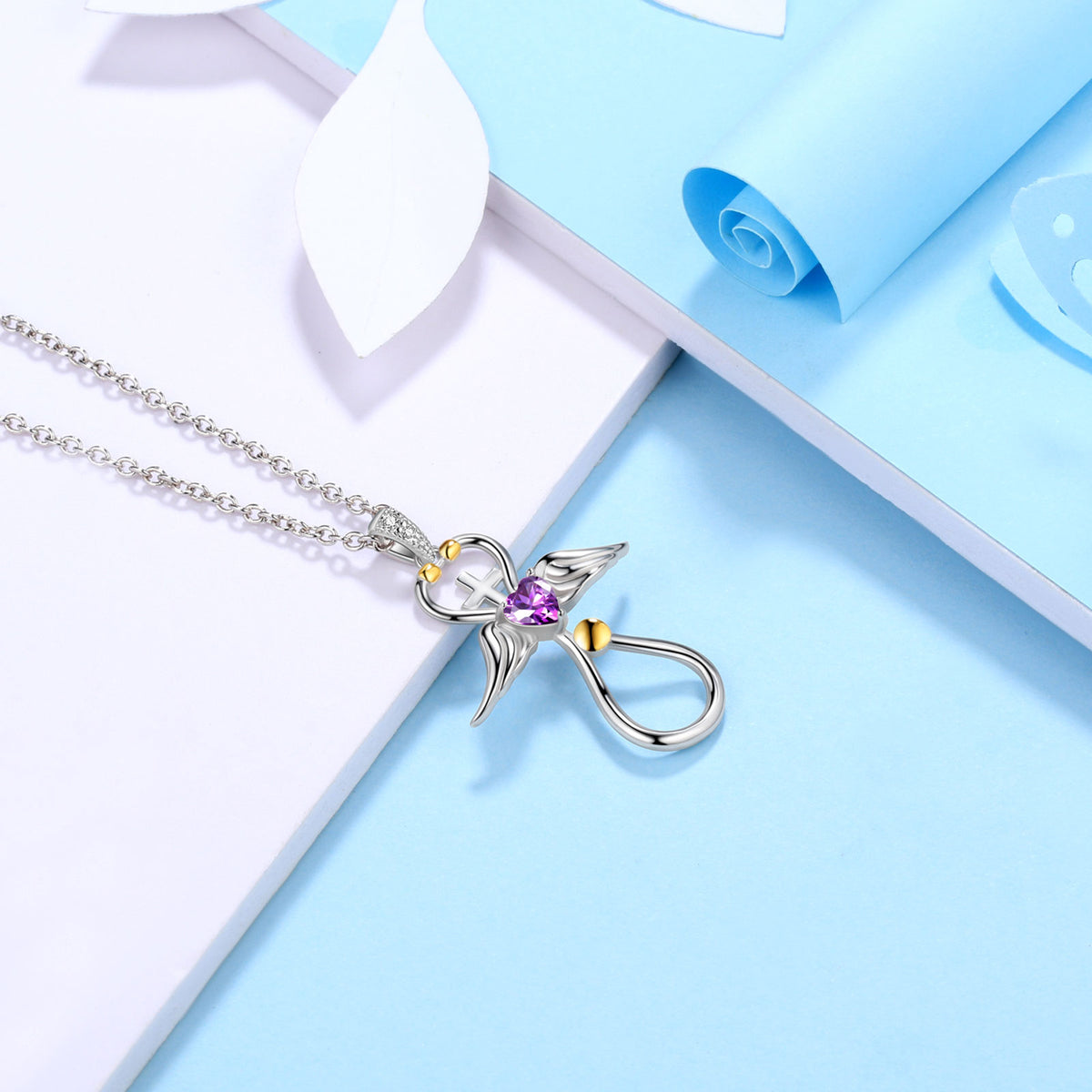 Beautlace Collier d'infirmière en or 18 carats sur argent sterling 925 avec croix d'aile d'ange et stéthoscope avec cœur et pierre de naissance, bijoux médicaux, cadeau pour médecin, infirmière, diplôme d'étudiant en médecine
