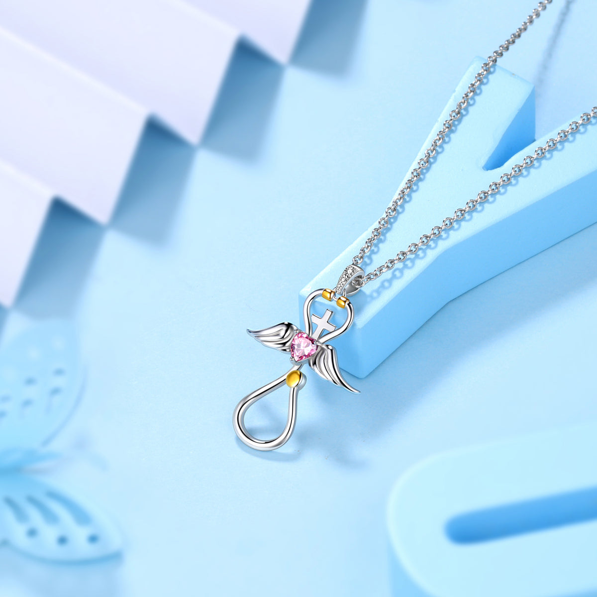 Beautlace Collier d'infirmière en or 18 carats sur argent sterling 925 avec croix d'aile d'ange et stéthoscope avec cœur et pierre de naissance, bijoux médicaux, cadeau pour médecin, infirmière, diplôme d'étudiant en médecine