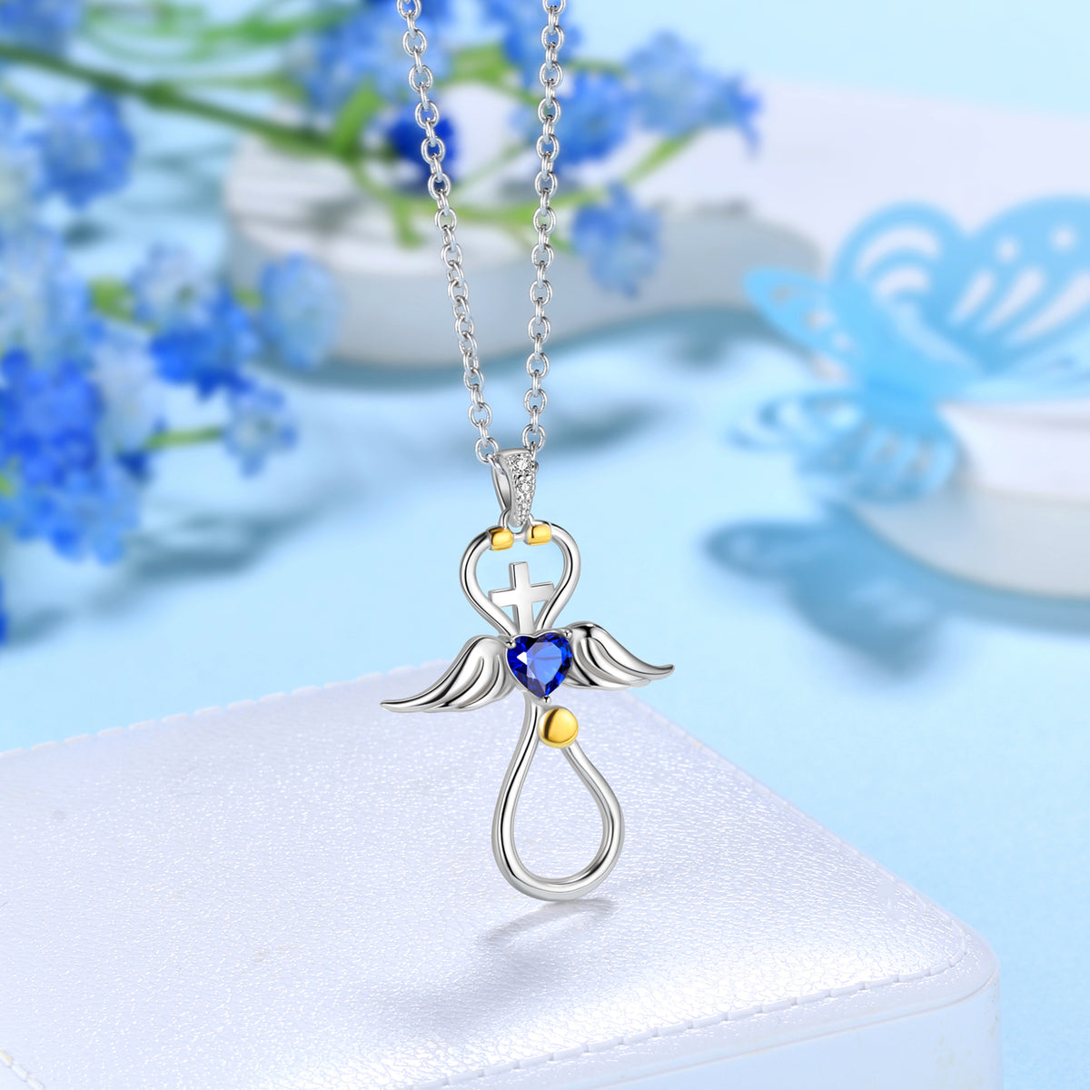 Beautlace Collier d'infirmière en or 18 carats sur argent sterling 925 avec croix d'aile d'ange et stéthoscope avec cœur et pierre de naissance, bijoux médicaux, cadeau pour médecin, infirmière, diplôme d'étudiant en médecine