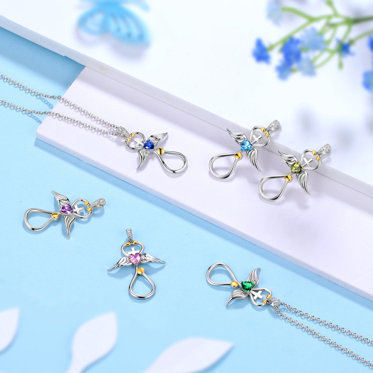 Beautlace Collier d'infirmière en or 18 carats sur argent sterling 925 avec croix d'aile d'ange et stéthoscope avec cœur et pierre de naissance, bijoux médicaux, cadeau pour médecin, infirmière, diplôme d'étudiant en médecine