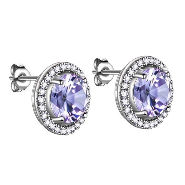 Beautlace Boucles d'oreilles à tige avec pierre de naissance plaquée argent, boucles d'oreilles rondes avec pierre de naissance, bijoux de mariée, cadeaux d'anniversaire pour filles et femmes 