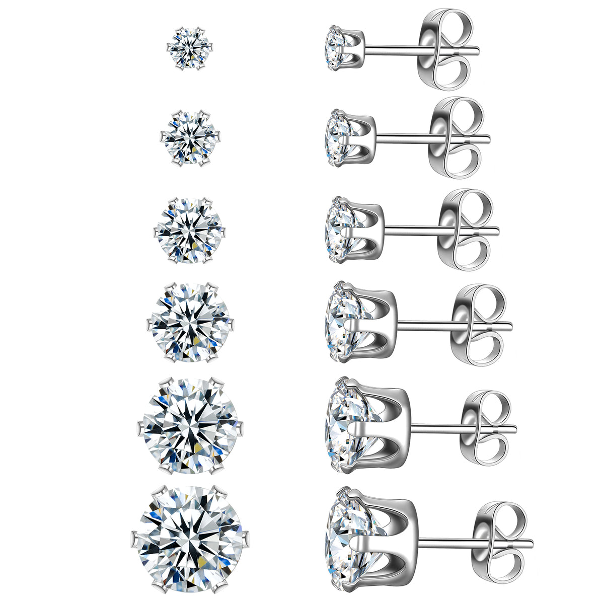Beautlace 3-8 Mm Stainless Steel White Zircon Earrings,6 Pair Studs Round 316L Stud Earrings For Women