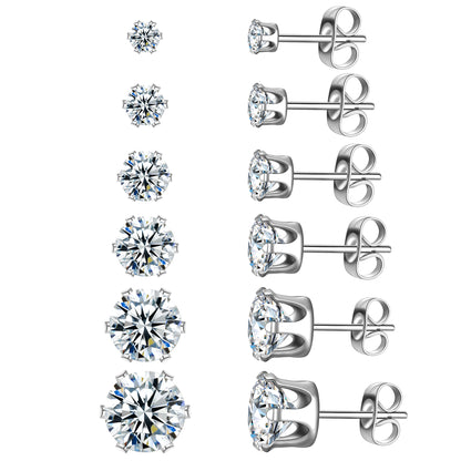 Beautlace 3-8 Mm Stainless Steel White Zircon Earrings,6 Pair Studs Round 316L Stud Earrings For Women