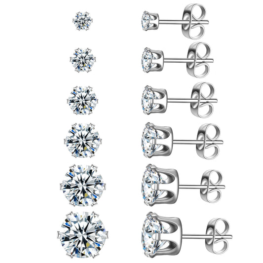 Beautlace 3-8 Mm boucles d'oreilles en acier inoxydable Zircon blanc, 6 paires de clous ronds 316L boucles d'oreilles pour femmes 