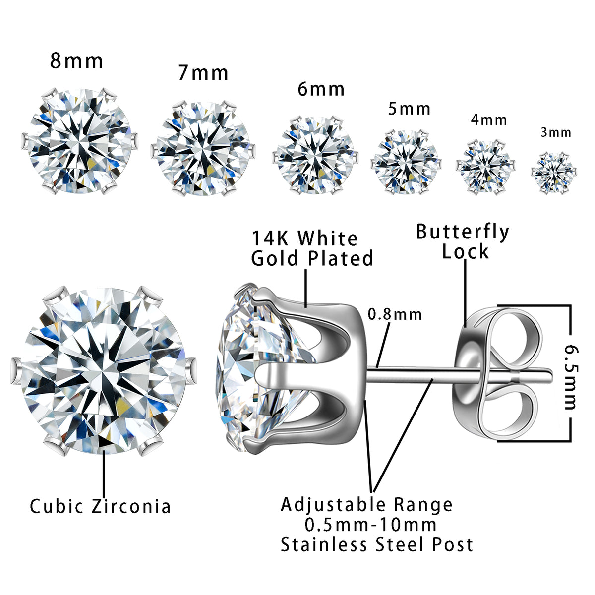 Beautlace 3-8 Mm Stainless Steel White Zircon Earrings,6 Pair Studs Round 316L Stud Earrings For Women