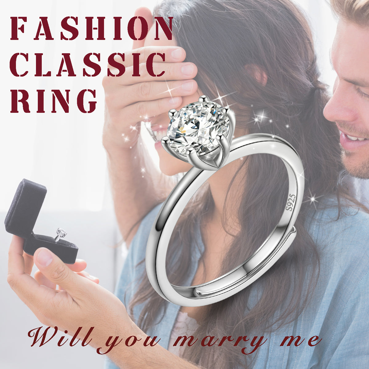Beautlace Bague de fiançailles solitaire classique en moissanite 1 carat pour femme, alliance en argent sterling 925 avec plaqué or 18 carats, bague réglable à 6 griffes en diamant rond 