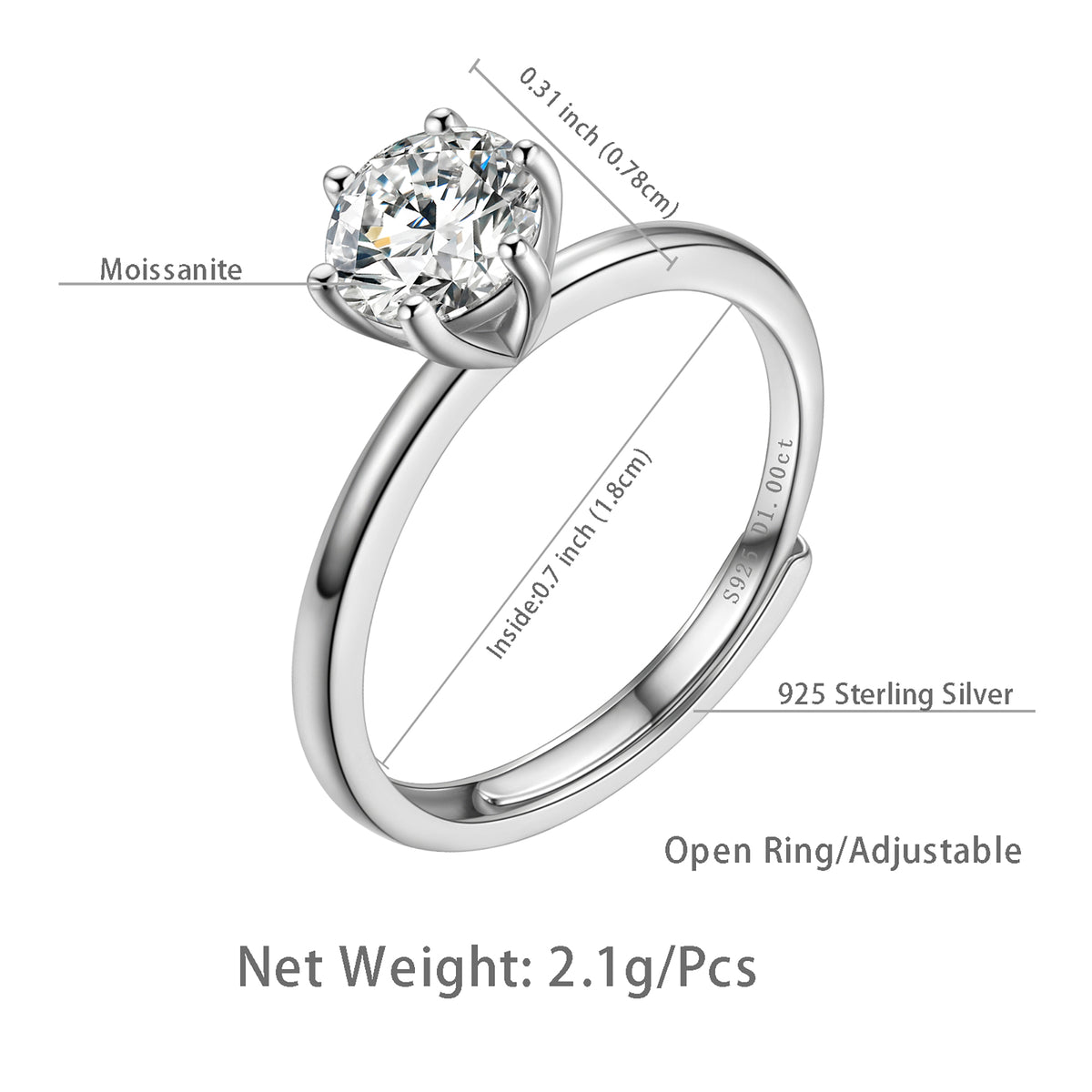 Beautlace Bague de fiançailles solitaire classique en moissanite 1 carat pour femme, alliance en argent sterling 925 avec plaqué or 18 carats, bague réglable à 6 griffes en diamant rond 