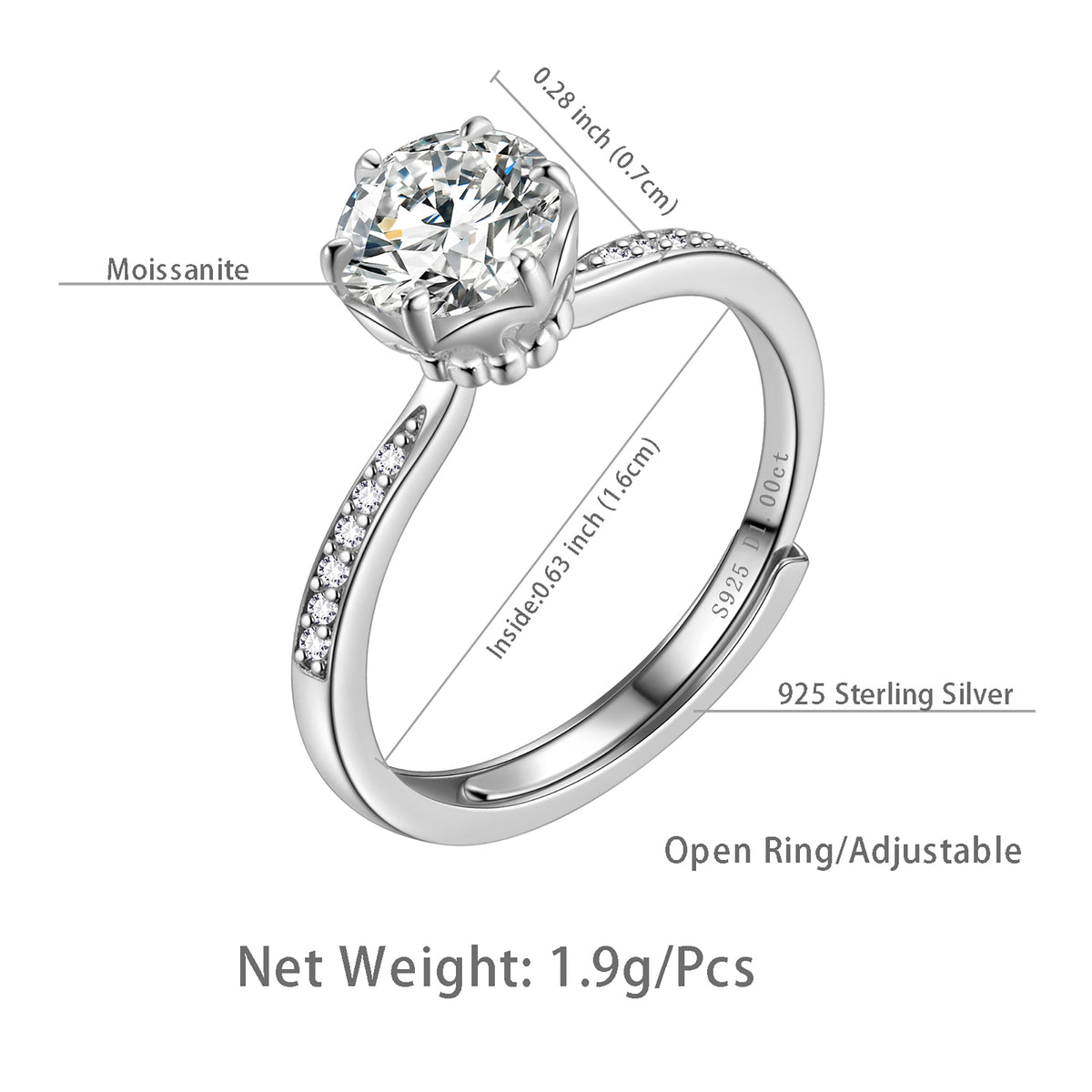 Beautlace Classic 1Ct Moissanite Solitaire Engagement Ring for Women,Wedding Band 925 Sterling Silver with 18K Gold Plated Adjustable 6 Prong Round Diamond Ring,Promise Wedding Rings