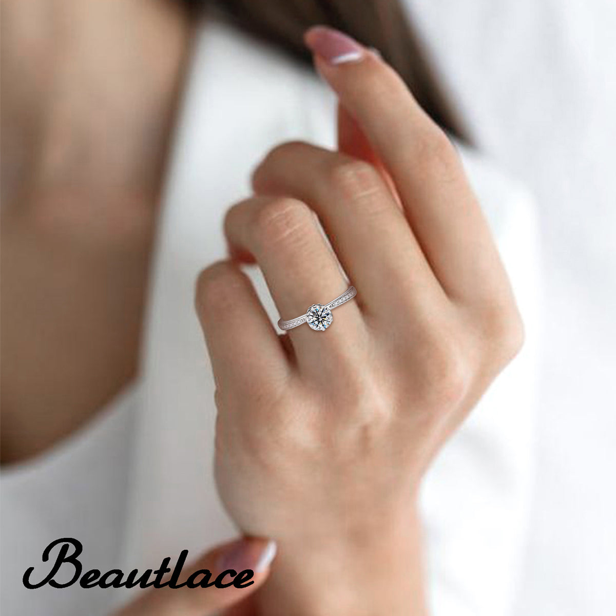 Beautlace Classic 1Ct Moissanite Solitaire Engagement Ring for Women,Wedding Band 925 Sterling Silver with 18K Gold Plated Adjustable 6 Prong Round Diamond Ring,Promise Wedding Rings