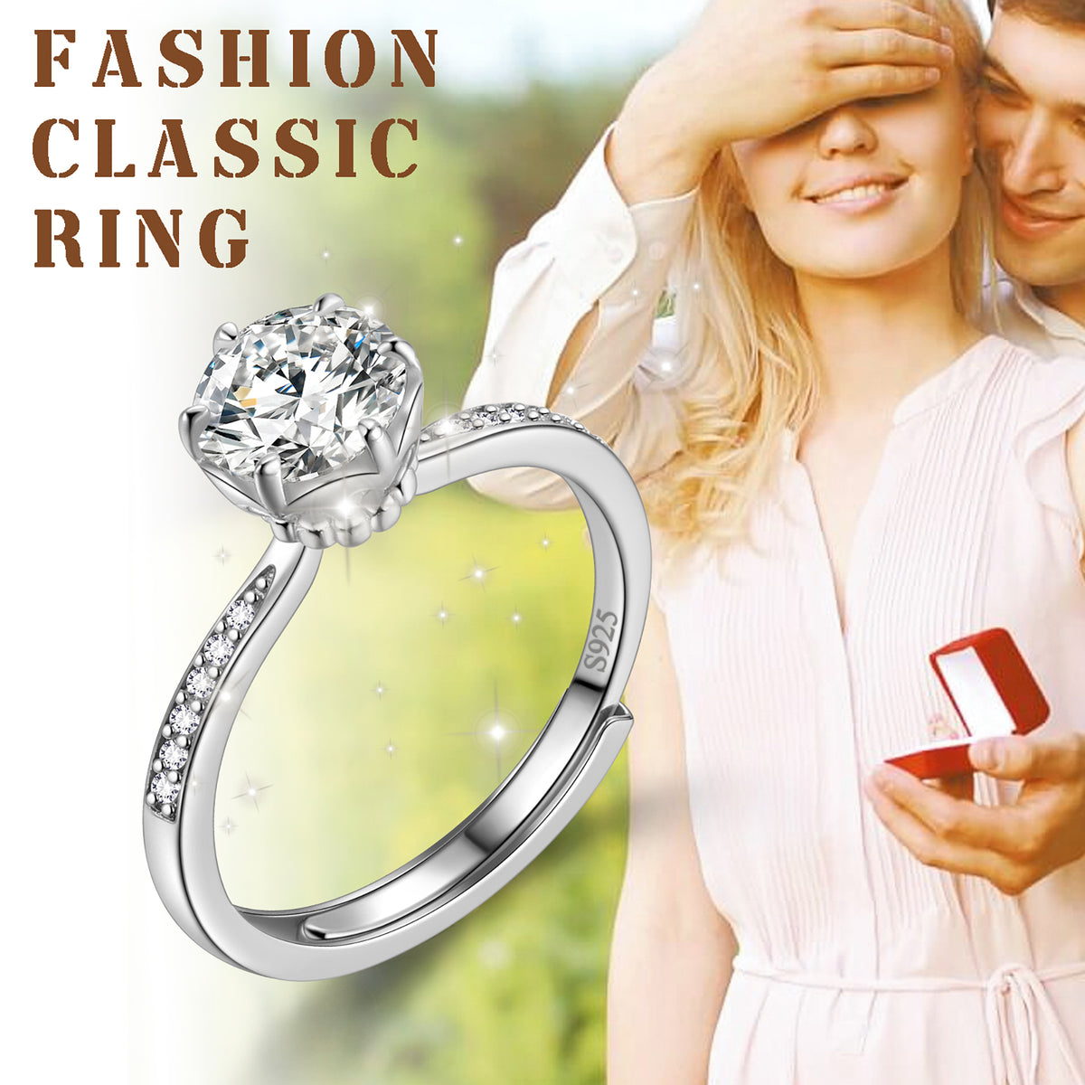 Beautlace Classic 1Ct Moissanite Solitaire Engagement Ring for Women,Wedding Band 925 Sterling Silver with 18K Gold Plated Adjustable 6 Prong Round Diamond Ring,Promise Wedding Rings