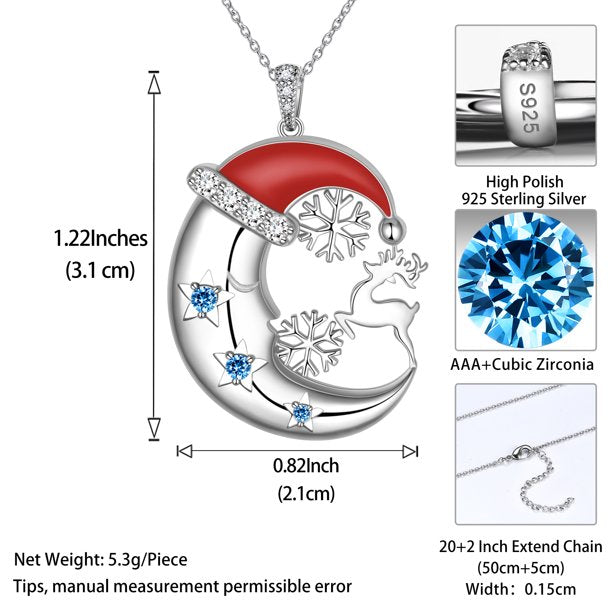 Beautlace Christmas Santa Hat Crescent Moon Necklace 925 Sterling Silver Antler Reindeer Snowflake Necklace,Cute Christmas Necklace for Women Girls Blue Crystal Santa Claus Necklace Gifts Xmas Jewelry