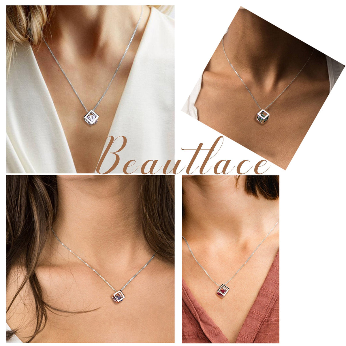 Beautlace Collier avec pierre de naissance en argent sterling 925, pendentif cube 3D, pierre de naissance, bijoux d'anniversaire, cadeaux de Noël pour femmes et filles 
