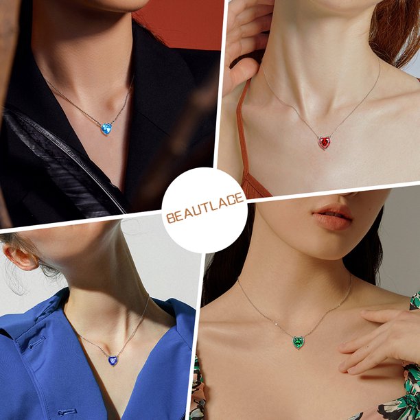 Beautlace Collier avec pierre de naissance en argent sterling 925, pendentif d'amour en forme de petits cœurs pour petites femmes, collier minimaliste avec pierre de naissance, cadeau d'anniversaire, bijoux 