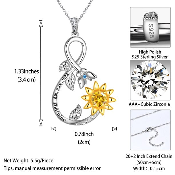 Beautlace Infinity Love Sunflower Necklace for Women Girls，18K Gold over 925 Sterling Silver Two Tones Sunflower with Butterfly Necklace You're My Sunshine Sunflower Pendant Christmas Jewelry Gifts