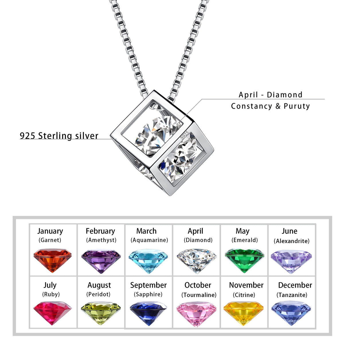 Beautlace Collier avec pierre de naissance en argent sterling 925, pendentif cube 3D, pierre de naissance, bijoux d'anniversaire, cadeaux de Noël pour femmes et filles 