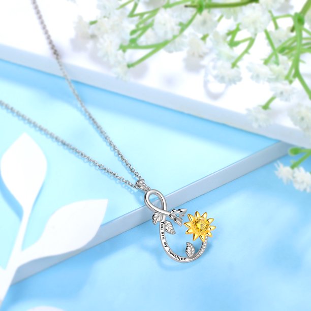Beautlace Infinity Love Sunflower Necklace for Women Girls，18K Gold over 925 Sterling Silver Two Tones Sunflower with Butterfly Necklace You're My Sunshine Sunflower Pendant Christmas Jewelry Gifts