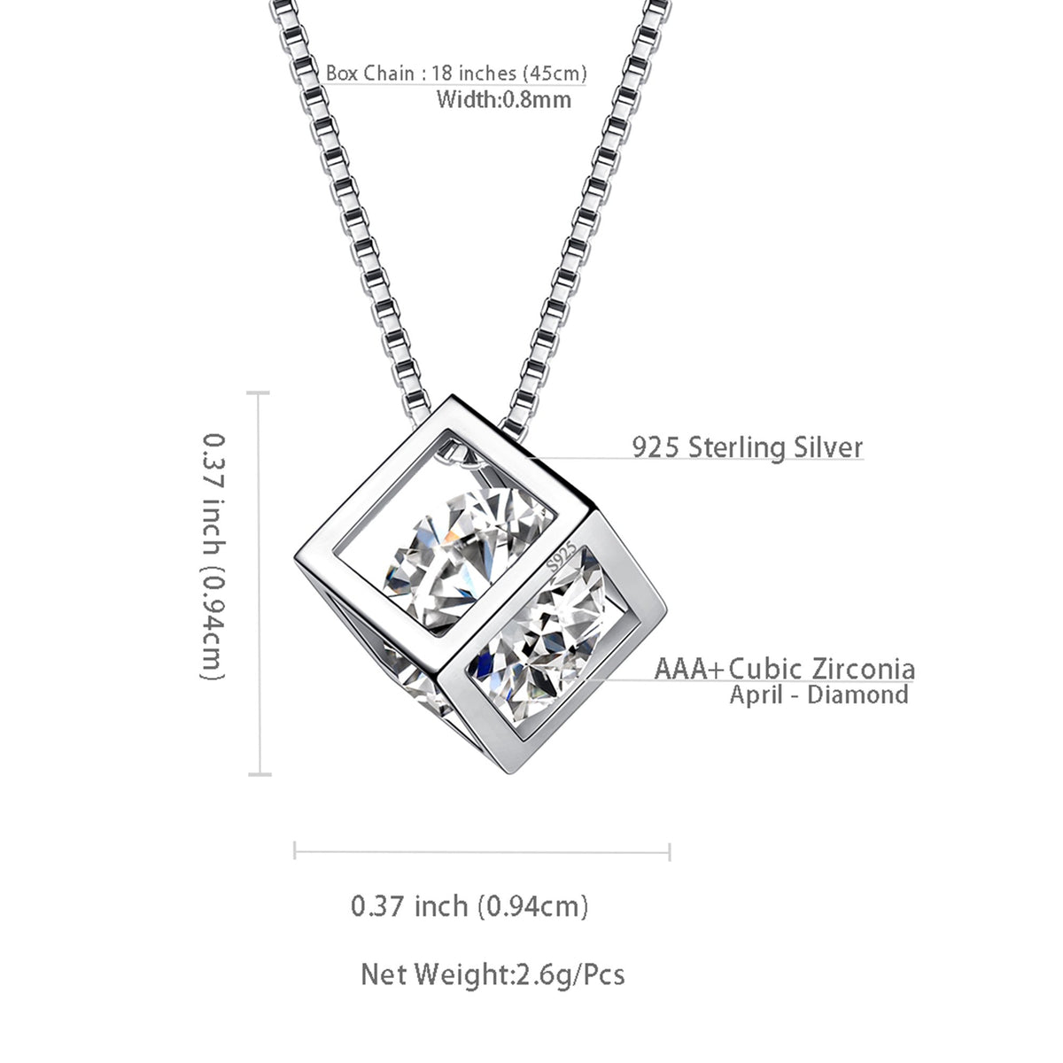 Beautlace Collier avec pierre de naissance en argent sterling 925, pendentif cube 3D, pierre de naissance, bijoux d'anniversaire, cadeaux de Noël pour femmes et filles 