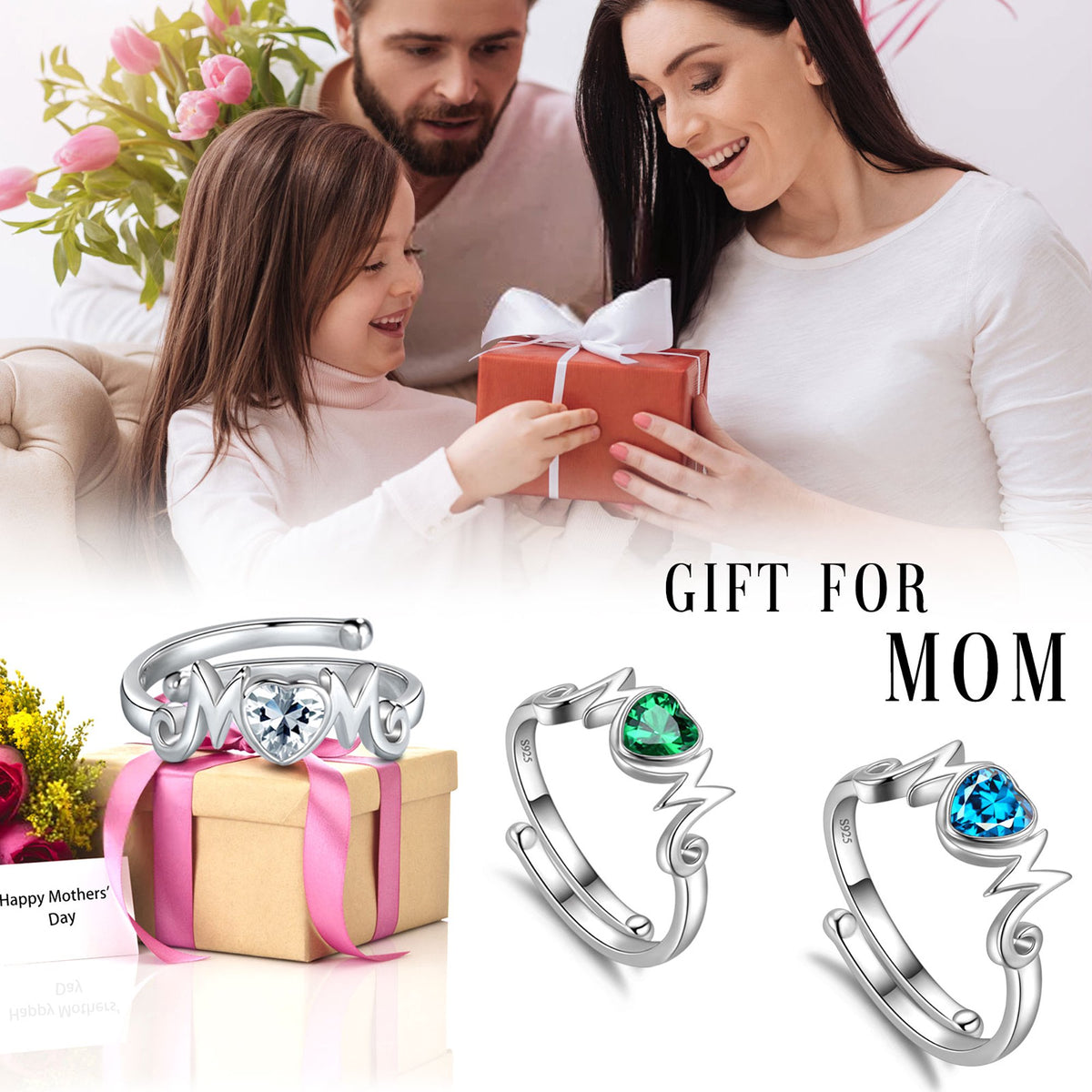 Beautlace 18k White Gold over 925 Sterling Silver Heart Mom Mother Rings,Cubic Zirconi Birthstone Adjustable Ring for Mum's Gift Grandma's Gift